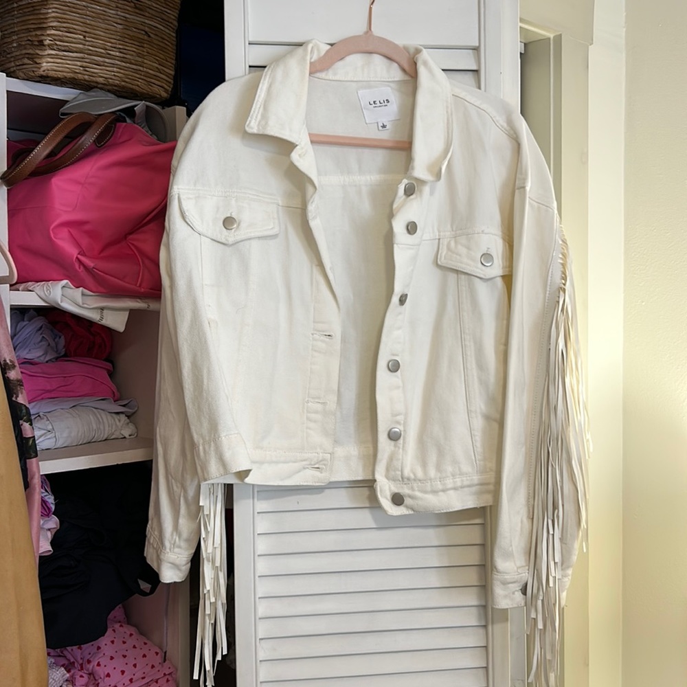 LELIS fringe white denim jacket